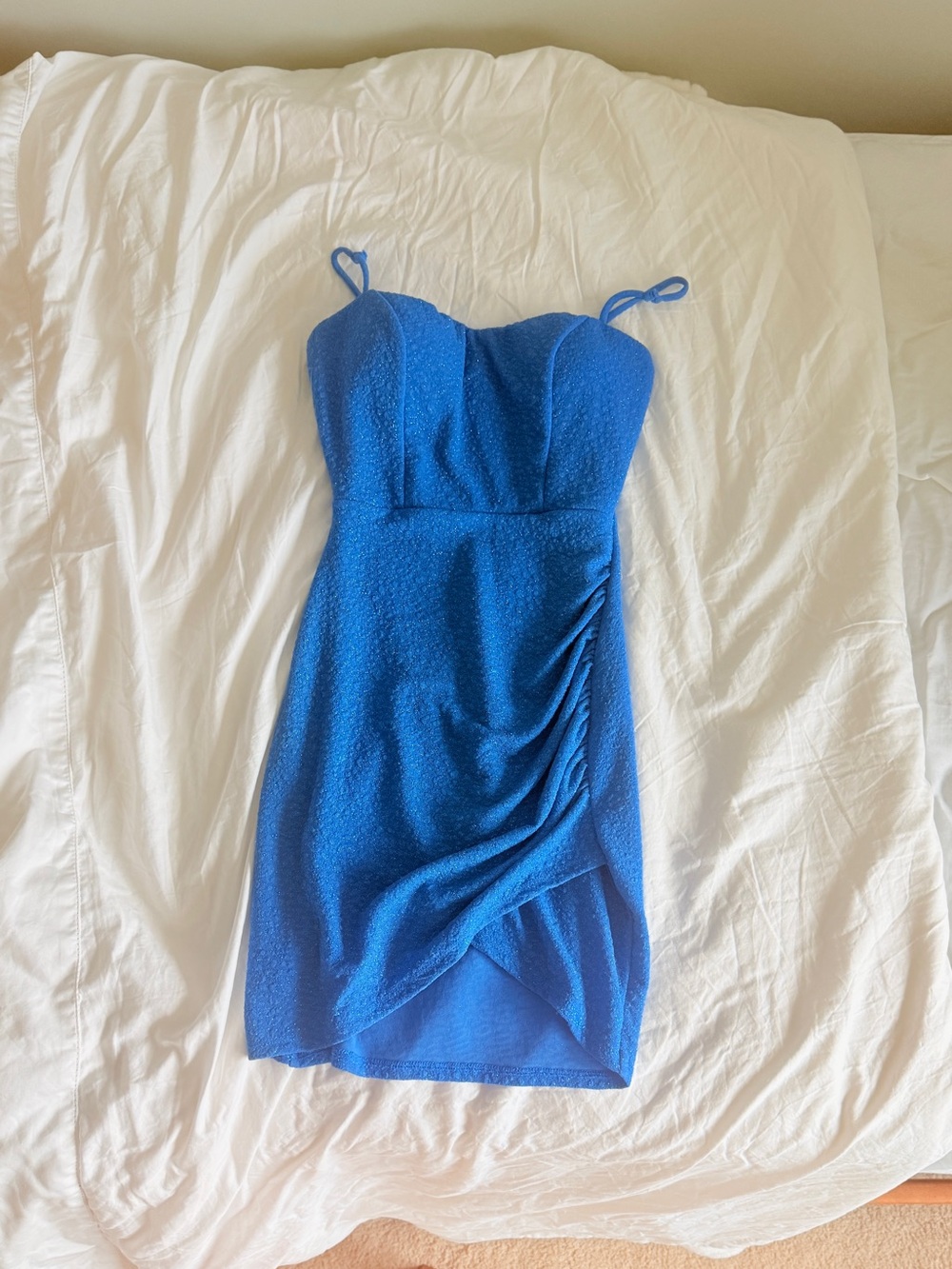 Windsor glittery Blue Ruched Spaghetti-Strap Mini Dress